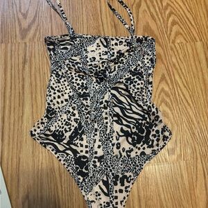 Nasty Gal Black and Cream Animal Print Swimsuit